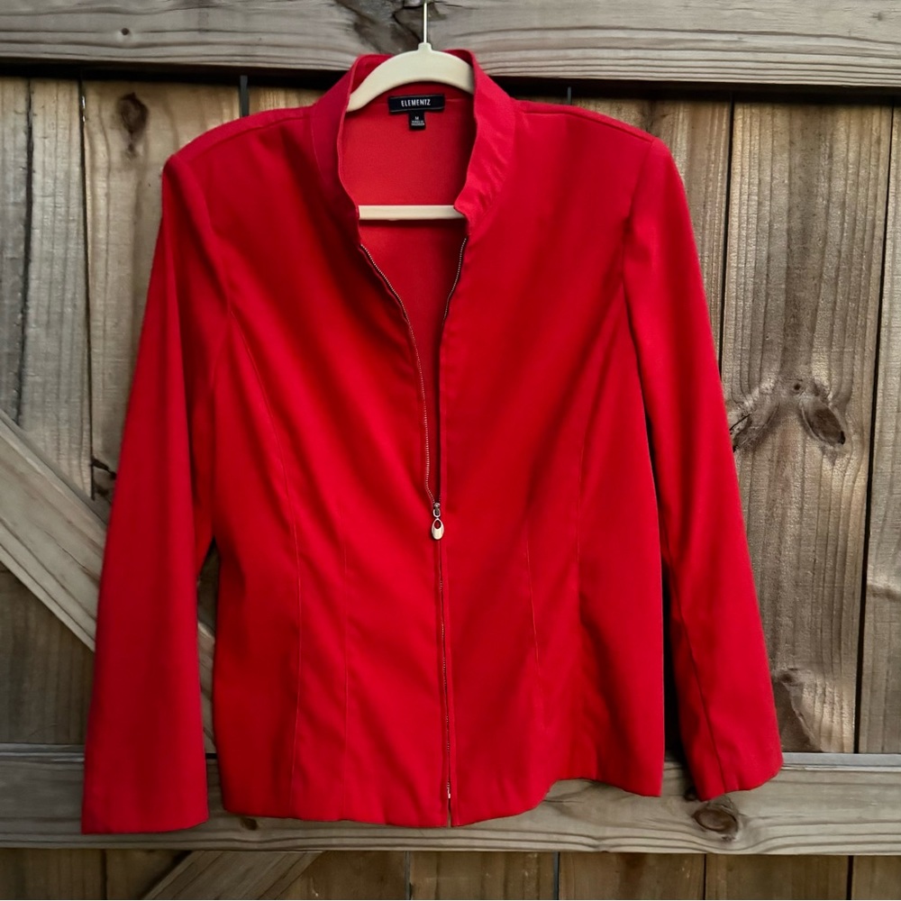 Steinmart Elemenz Red silver zip cardigan, lined, long, tailored, shoulder pads